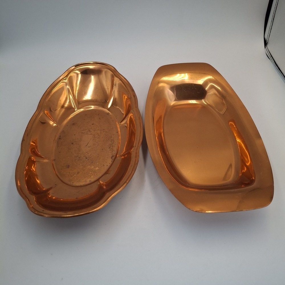 Vintage Copper Plated Oval Serving Dish Tray Lot of 2 Floral Scroll Plain 11.5"